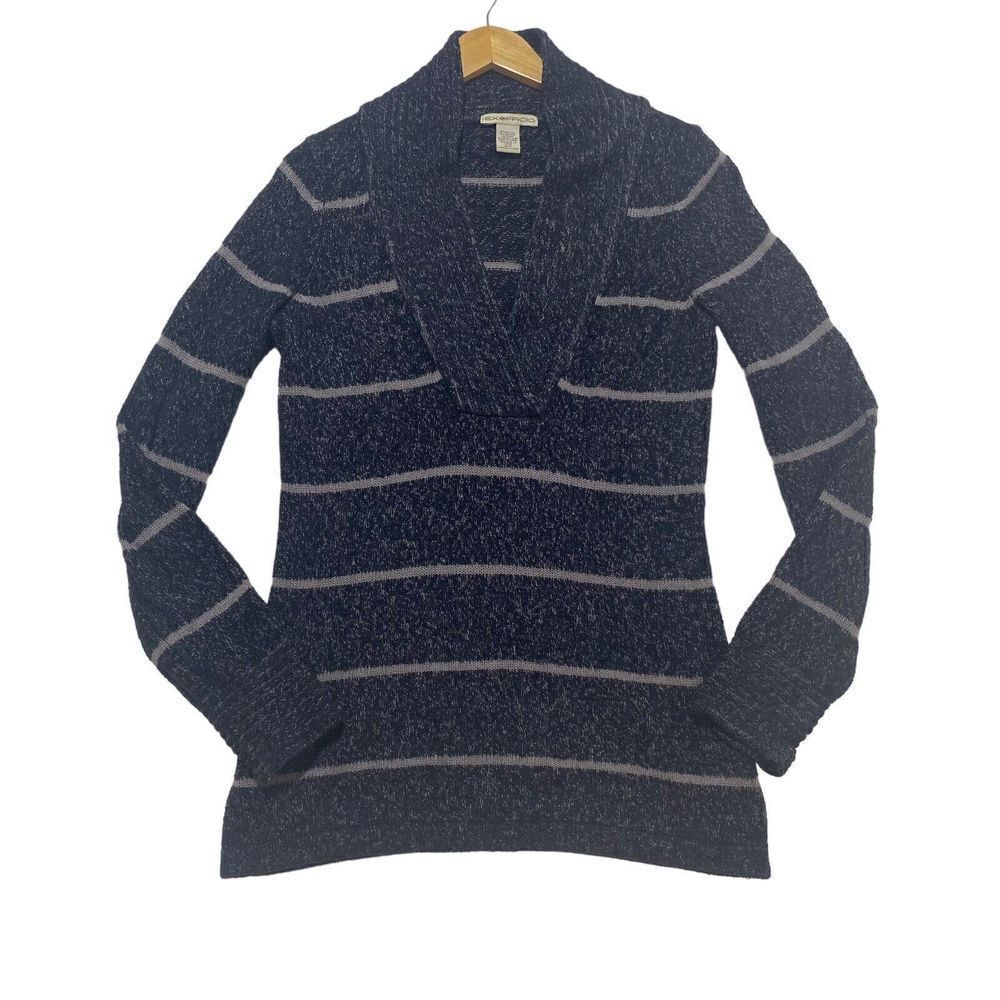 Exofficio Women’s Sweater Small Black Charcoal Tan V-Neck Wool Blend‎ 5743 Tunic